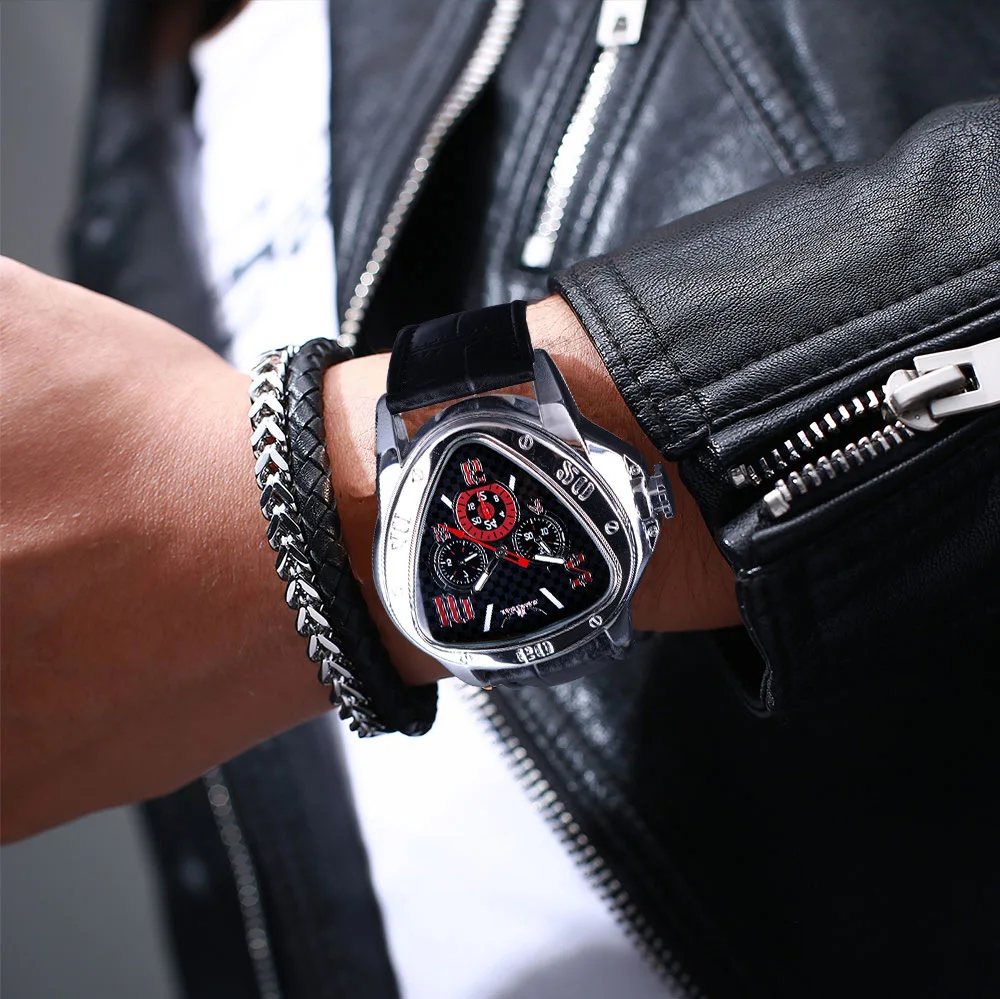 Jaragar Men's Automatic Mechanical Watch Triangular Dial Week & Date Display Genuine Leather Strap Geometric Design Fashion