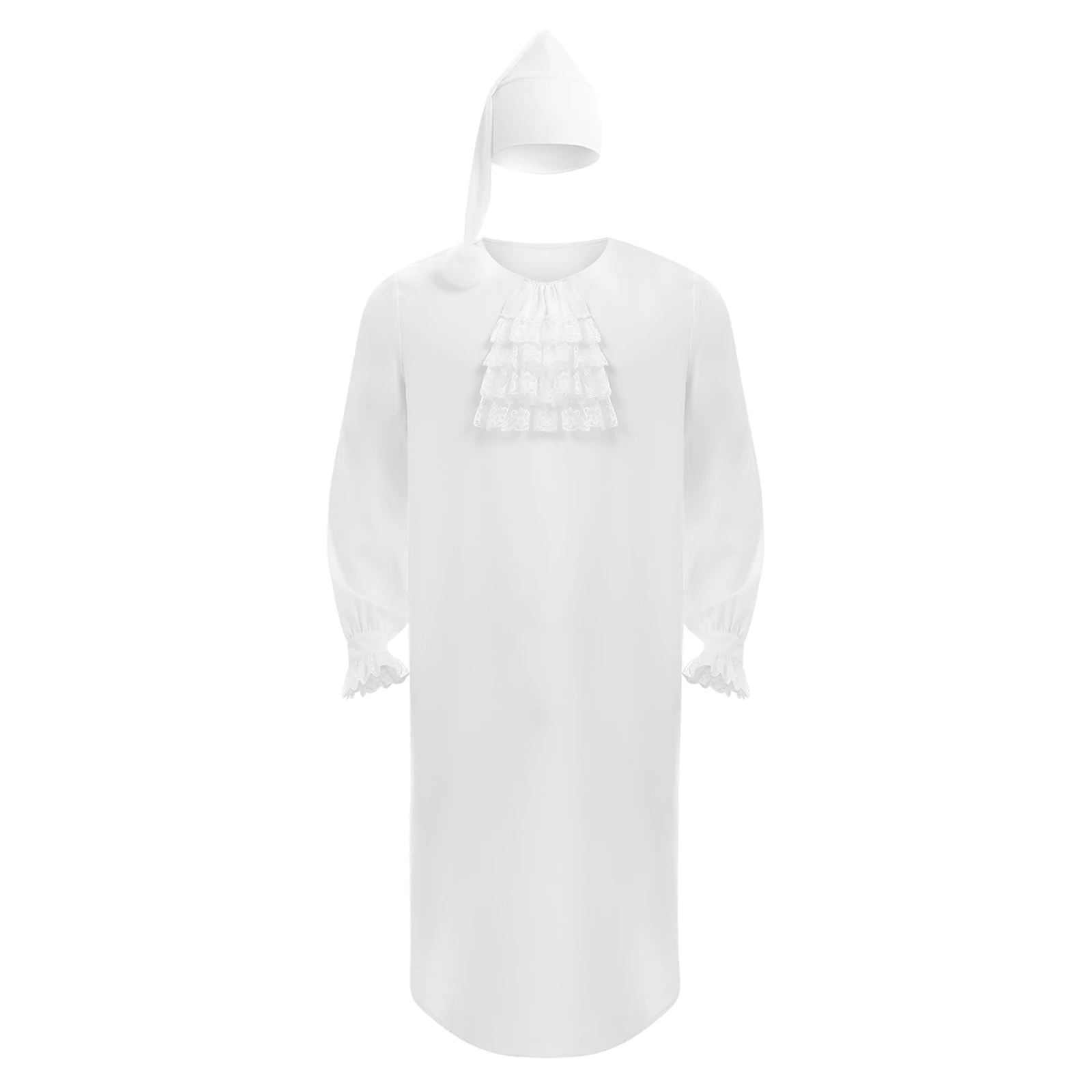 Men Victorian Style Nightgown Halloween Christmas Costume Long Sleeve Lace Trim Soft Loose Sleep Robe with Nightcap Loungewear