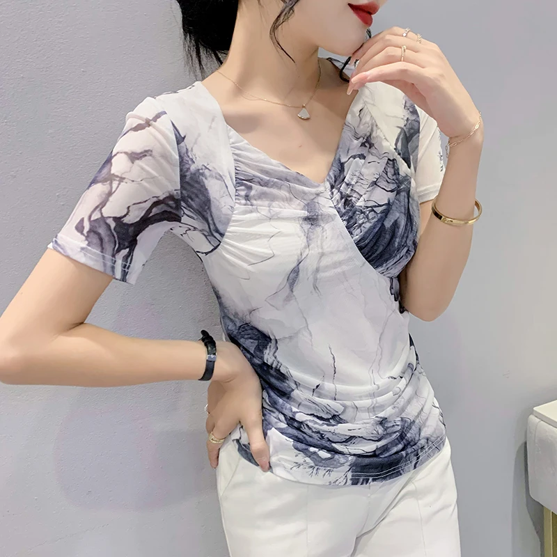 Printing Mesh T-shirt New Female Short Sleeve Tshirts Tops Women 2024 Summer High Stretch Folds V Neck Tees HF8362