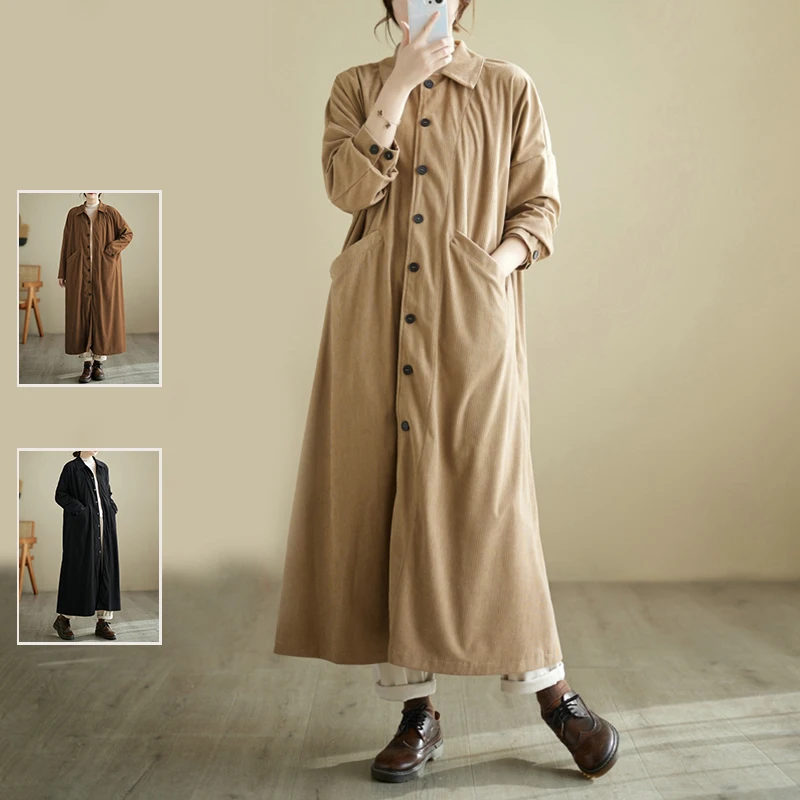 

Утягивающее длинное однотонное пальто с вельветовым воротником для женщин больших размеров, повседневное свободное пальто для поездок на работу с kets, осень-зима