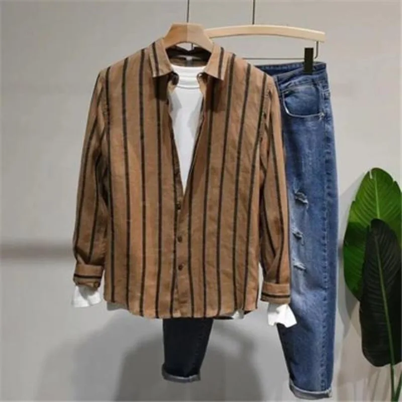 2023Spring and Autumn Men's Japanese Square Neck Loose Button Vertical Pocket Casual Fashion Elegant CommutingLong sleeved Shirt