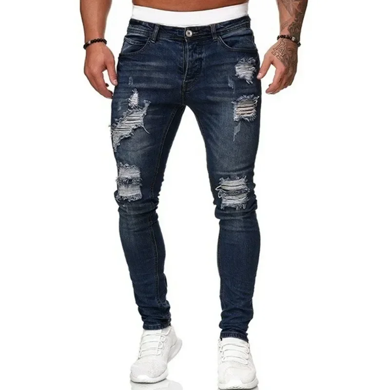 Jean déchiré pour hommes, coupe cintrée, crayon, pantalon en Denim décontracté, Vintage, lavage solide, offre spéciale, mode Streetwear