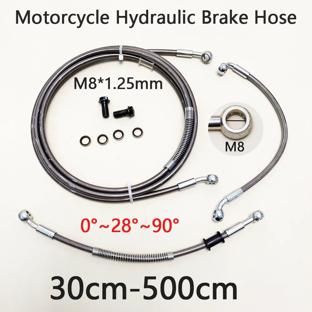 0°~28°~90° 30cm-500cm Motorcycle Hydraulic Brake Hose Line M8 Banjo ForSuzuki Kawasaki Yamaha Honda Oil Pipe Line Braided Silver