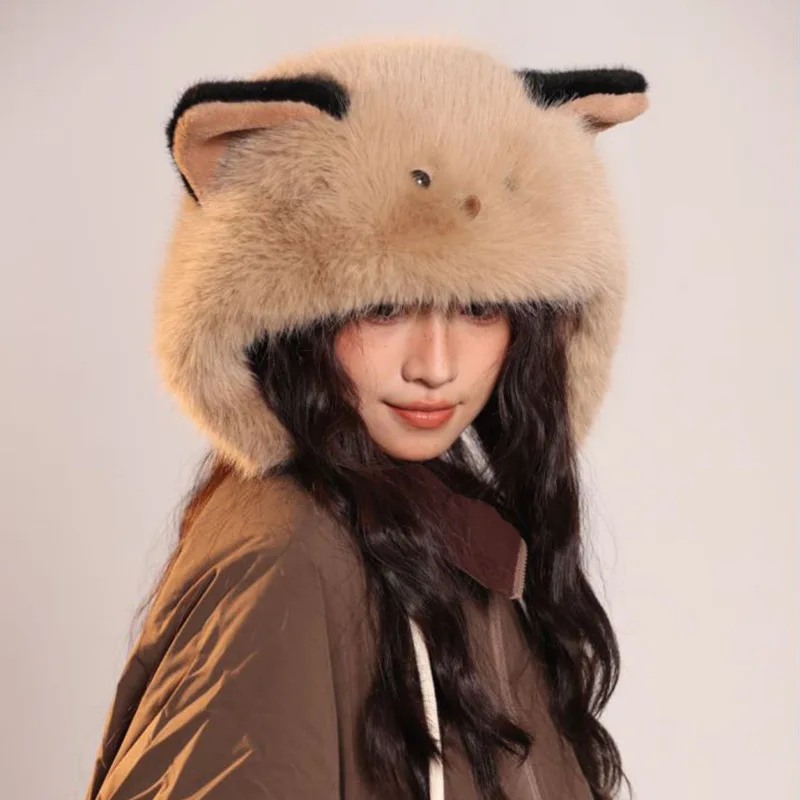 Powder blusher kitten ear plush Lei Feng hat autumn and winter versatile ear protection knitting wool hat 