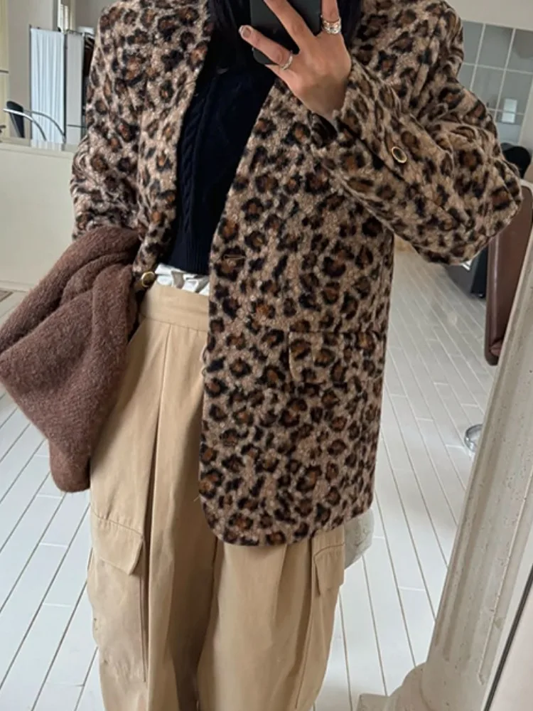 ريترو Sli V-Ne ليوبارد طباعة فرو الضأن القطن Jaet ort ملابس خارجية المرأة شتاء جديد مزدوج كيت سترة مفتوحة #4
