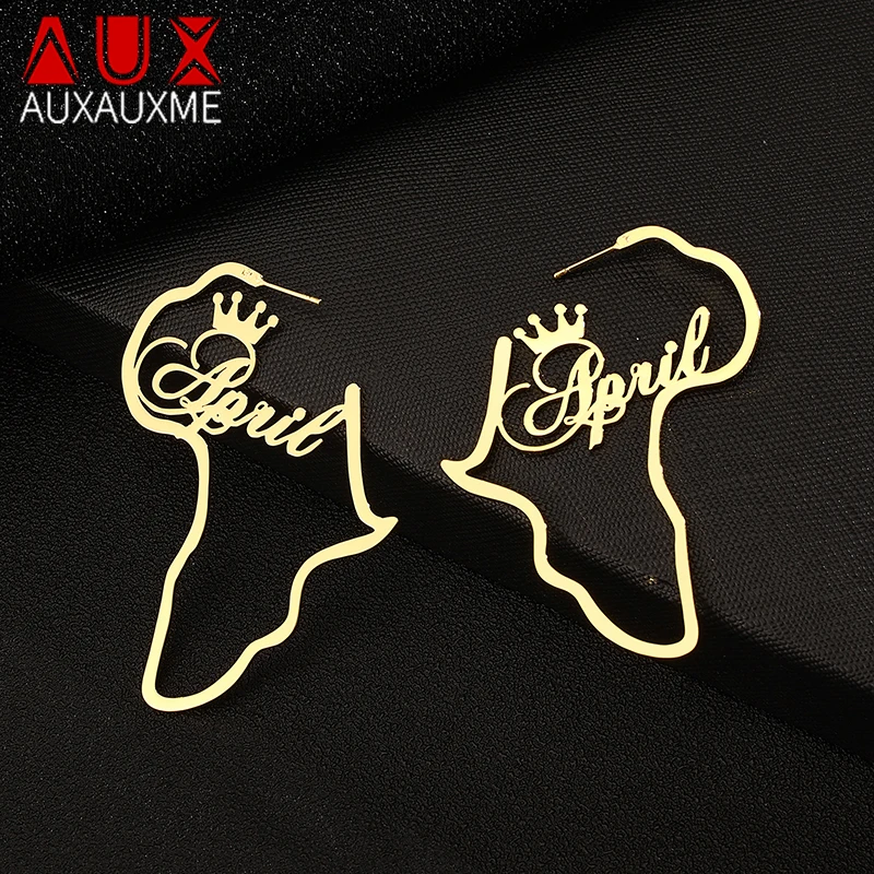 Auxauxme Personalized Custom Names Africa Map Hoop Earrings for Women Stainless Steel Customized Name Studs Ethnic Jewelry Gifts