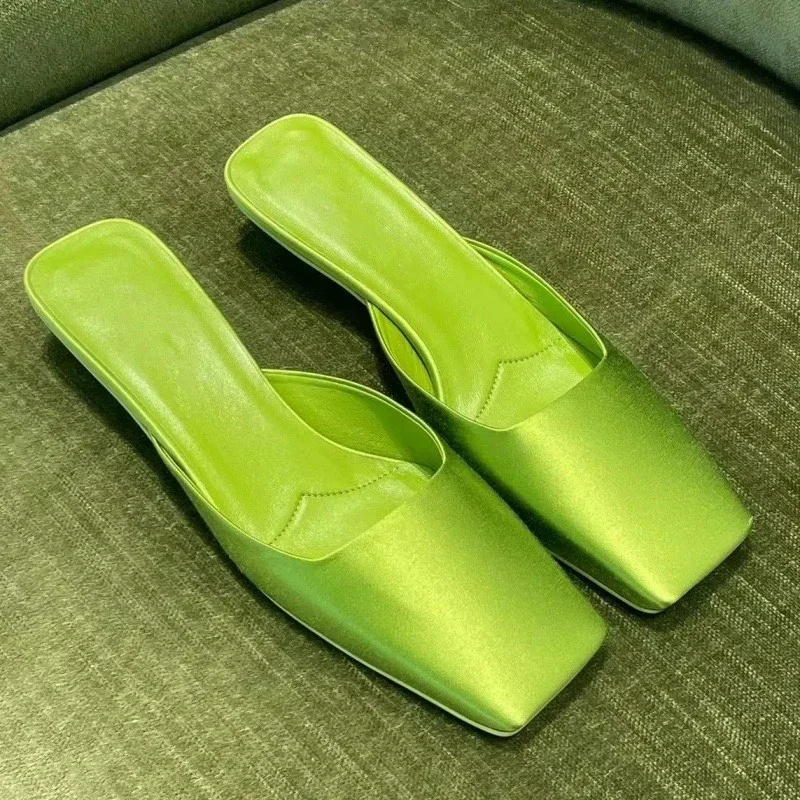 

High Quality Green Silk Satin Women Slippers Simple Elegant Temperament Sandals Comfort Home Celebrity Party High Heel Shoes