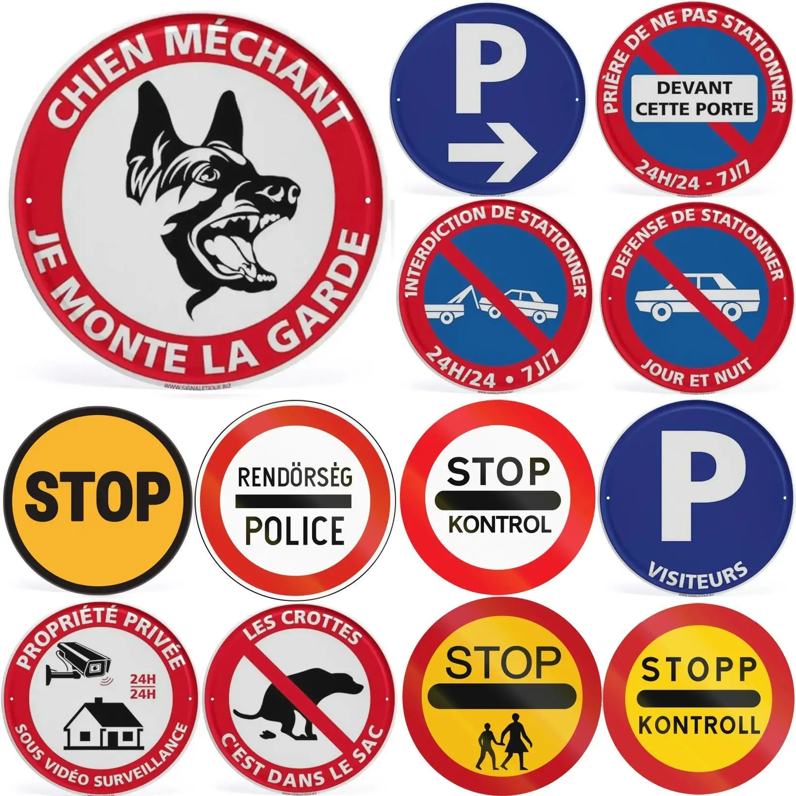 Multilingual European Warning & Traffic Sign 2D Flat Tin Sign Set - French/Hungarian/German Security & Parking Themed Wall Decor