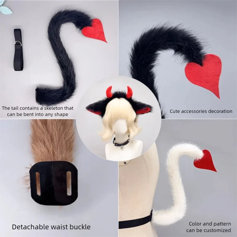 Cute Yak Ear Devil Headband with Horns Cosplay Animal Hair Hoop Set with Tail Masquerade Party Performance Headwear Costume