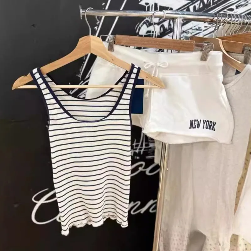 New Waffle Navy Blue And White Striped Fringed Camisole Vest For Women Slim Y2K Top Fashion U-neck Sleeveless Tight Summer Tank