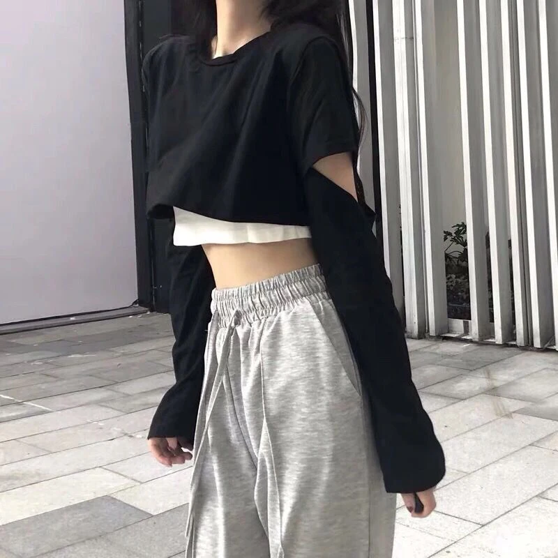 

Fake Two Piece Long Sleeve Crop Sexy Women T Shirt Fashion Oversized Spring Summer Korean Style Cute Slim High Waist Black Top