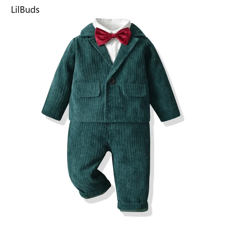 2024 White Bowtie Shirts+Corduroy Coat&Jackets+Trousers Dress Suits Kids Boys Clothing Sets for Christmas Autumn Winter Clothes