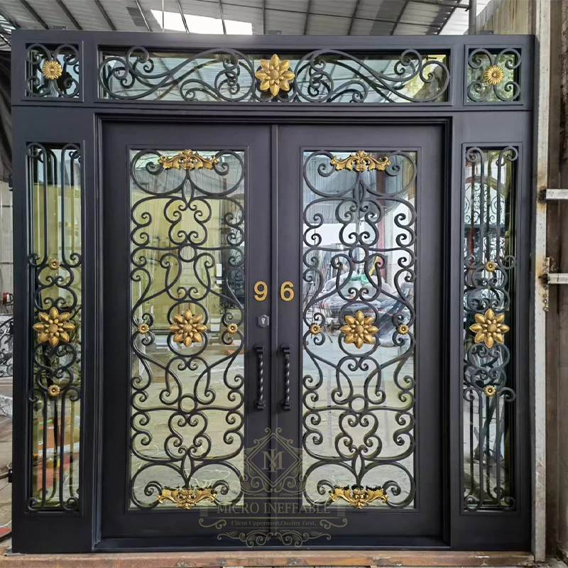 Iron Double Front Entry Door , Customized Size Excellence Quality French Style Exterior Double Glass Security Wrought