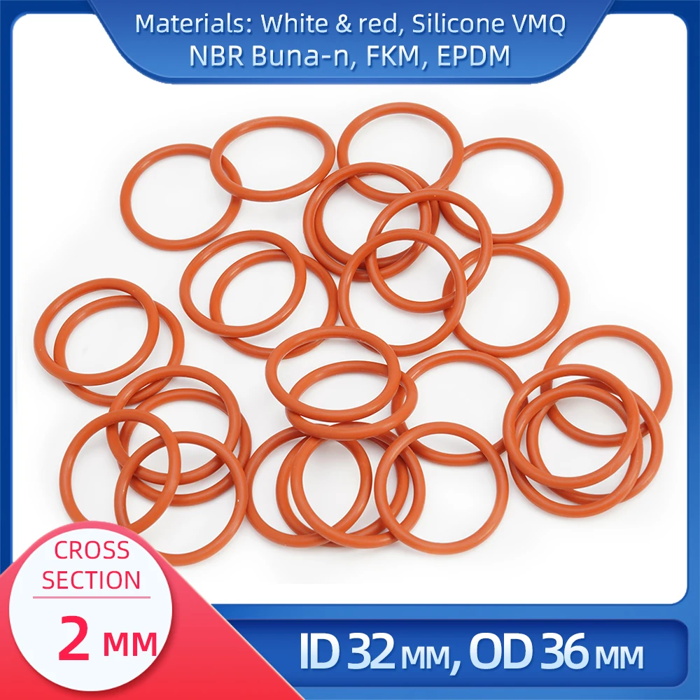 O Ring CS 2 mm ID 32 mm OD 36 mm Material With Silicone VMQ NBR FKM EPDM ORing Seal Gaske