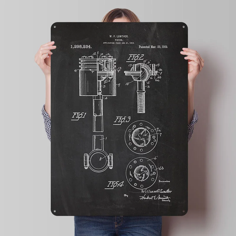 1919 Piston-Patent Drawing Metal Poster Custom Wall Art Retro Vintage Tinplate Signs for Man Cave Gamer Room Decoration Cozy