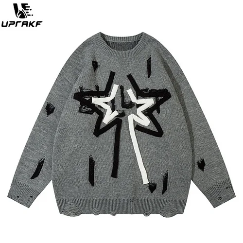 

UPRAKF Ripped Sweater Autumn Crew Neck Winter Loose High Street Casual Fashion Streetwear Warm Basic Pullover Knitted