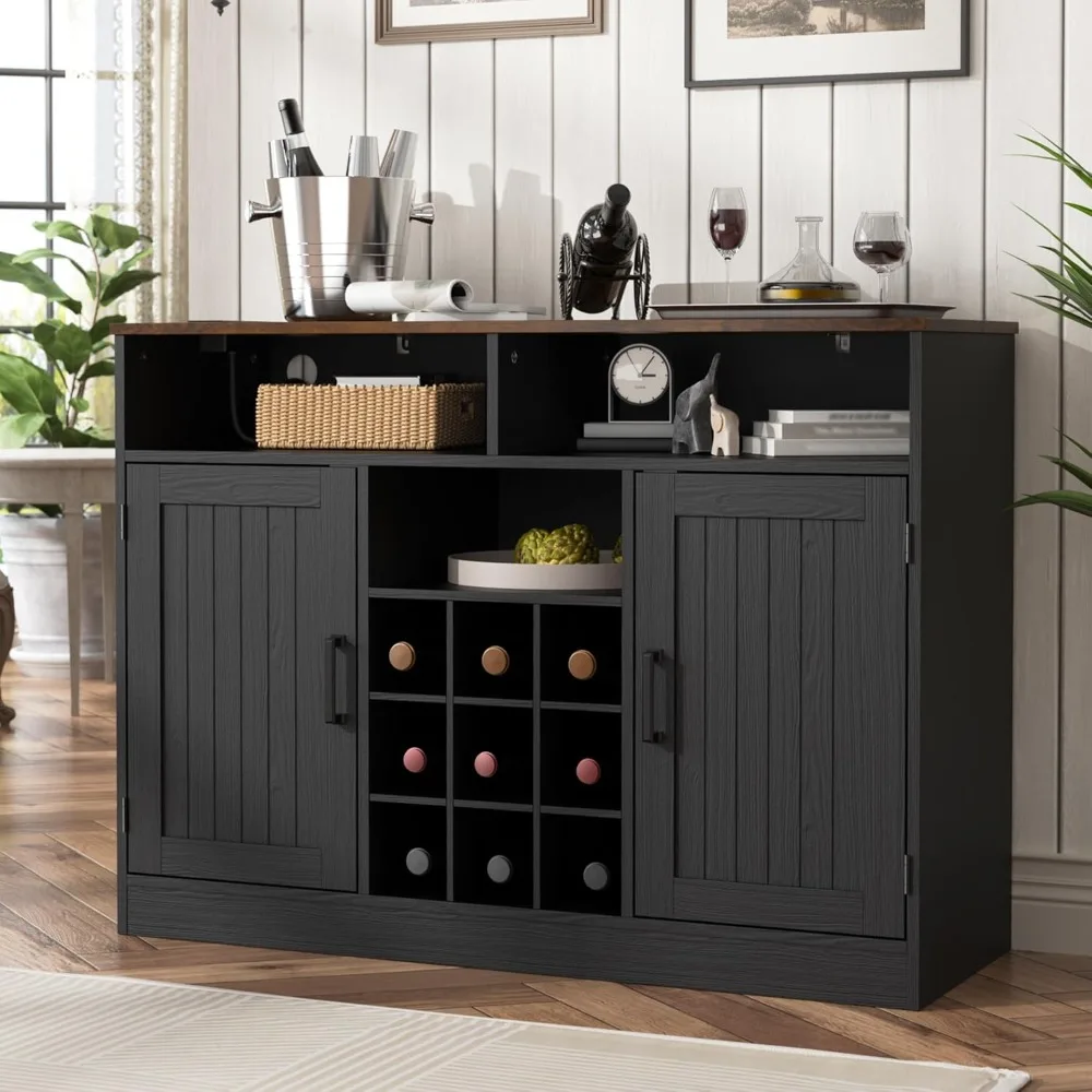 Farmhouse Buffet Cabinet with Power Outlets, Rustic Sideboard Buffet with Wine Rack, Wooden Buffet Table for Dining Room