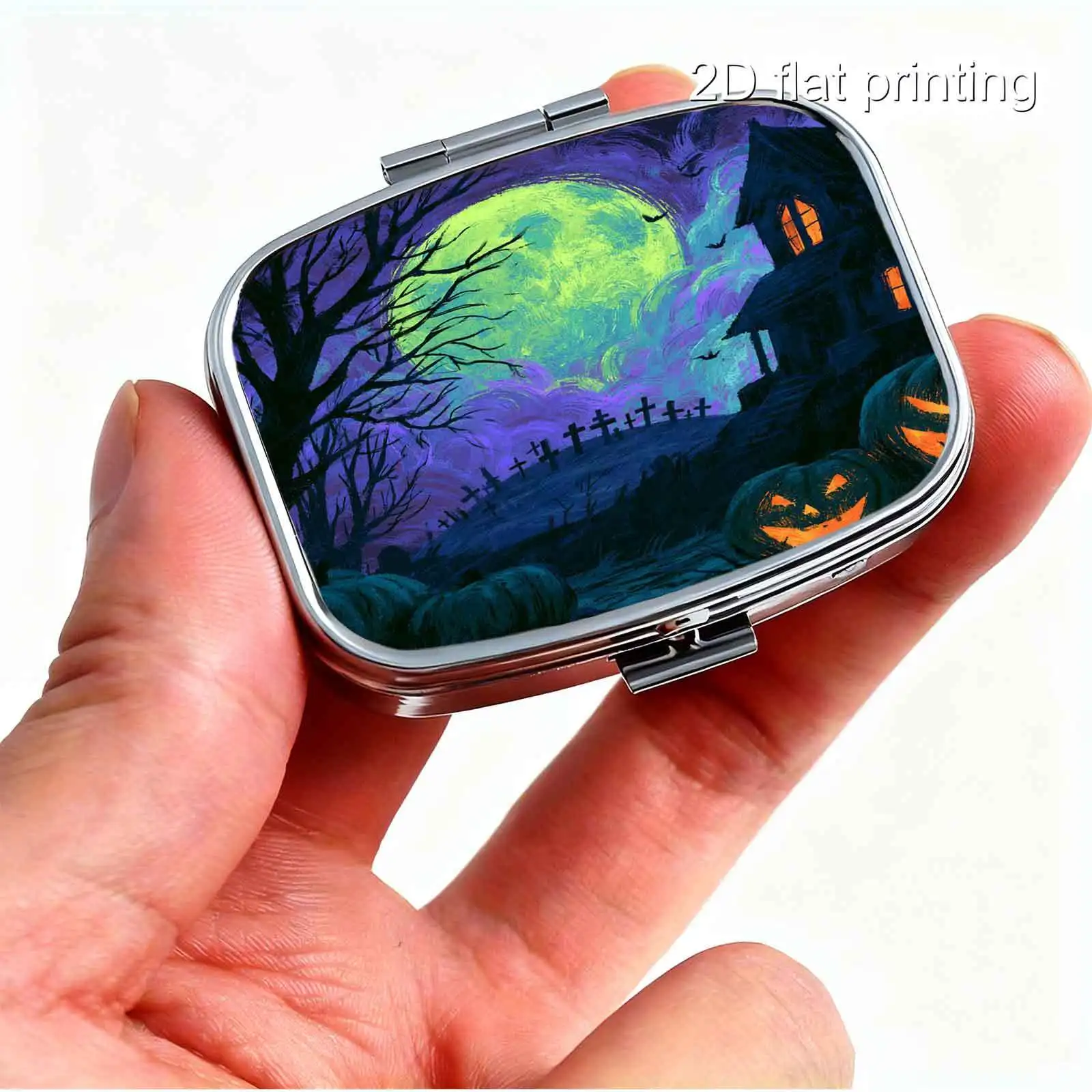 1Pc Flat Printing Pill Box, Portable Metal Material, Halloween Green Moonlit Tree, Pumpkin, Haunted House Square Pattern, Cool-Toned Dark Fantasy Square Style Design - Portable Small Pill Box - Mini Pill Box - Capsule Box - Regular Medication - Pills and Capsules - Easy Storage - Compartmentalized Storage - Compact Particle Storage - Suitable for Business Trips - Suitable for Long-Distance Travel - Lightweight and Convenient to Carry - Easy to Carry with You