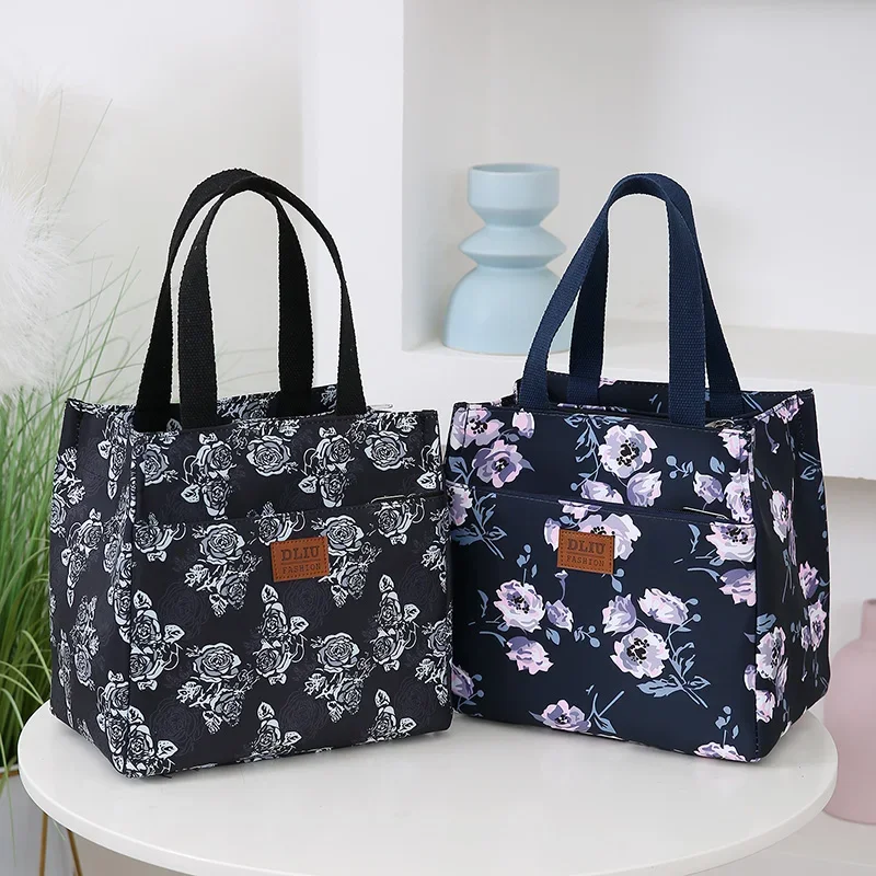 Stylish and Practical: Portable Lunch Tote Bag with Flower Print and Thick Nylon Fabric for Work and Outdoors