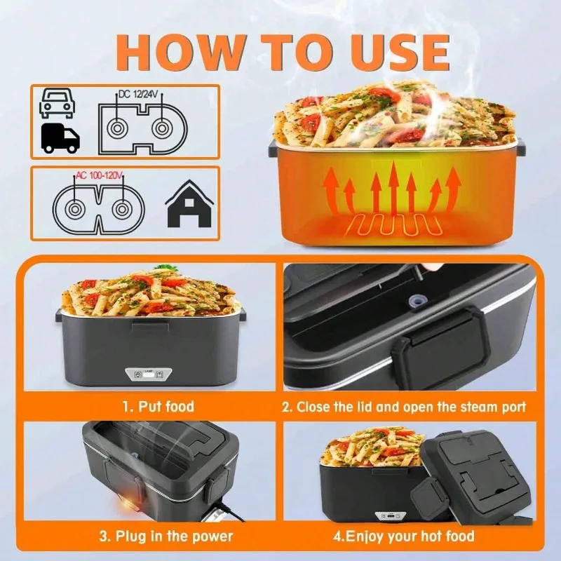 Dual‑Use Electric Heated Lunch Box, 12V Car & Home Plug‑in Food Warmer, 304 Stainless‑Steel Portable Heating Bento Box with Insulated Bag, Fast Heating Food Container for Office, Car, Travel view 6