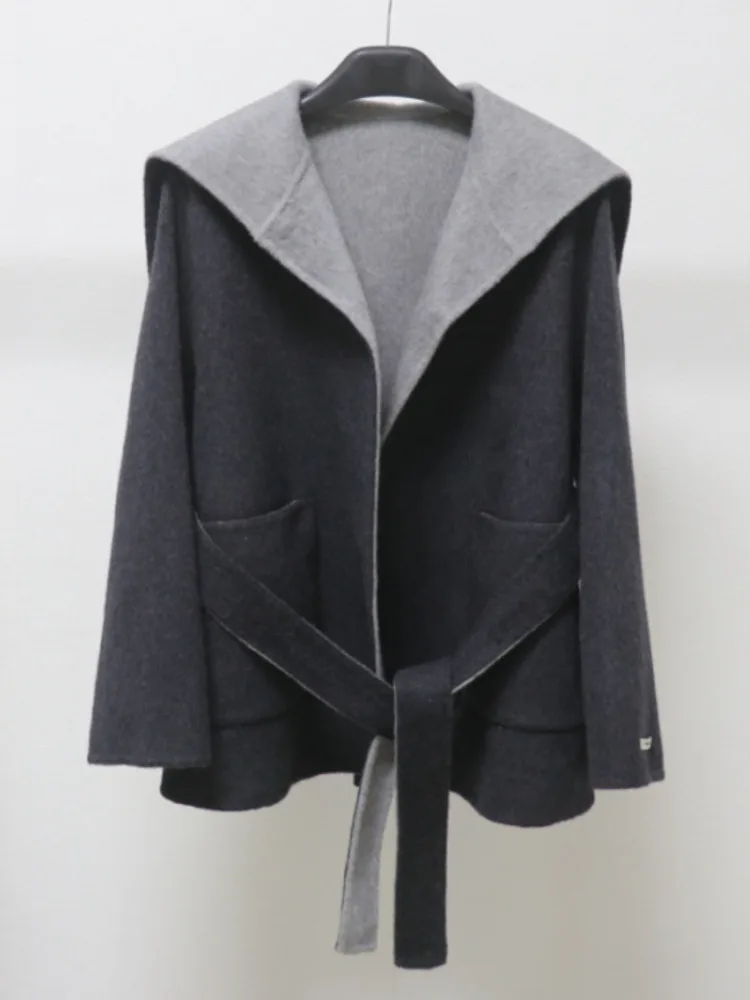 ZMEENNA エレガントな女性のベージュウールブレンドショートコートデザインスタイリッシュで暖かいアウタージャケットとタイベルト ZM3871