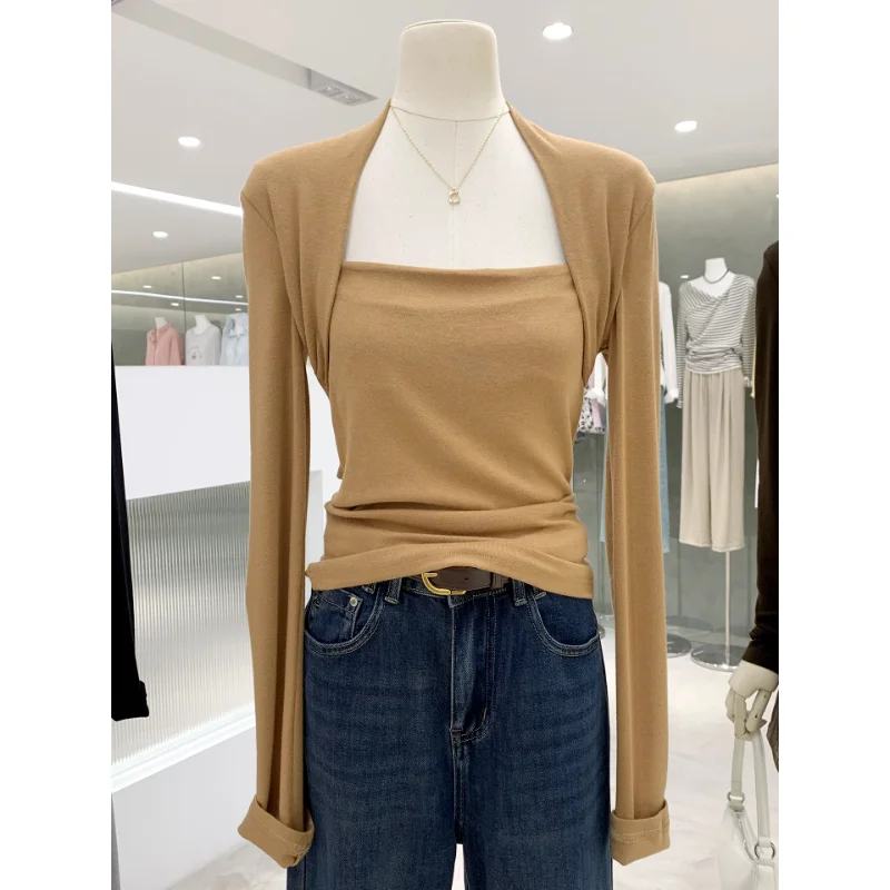 

Shawl style design fake two-piece square neck long-sleeved T-shirt for women new slim fit base