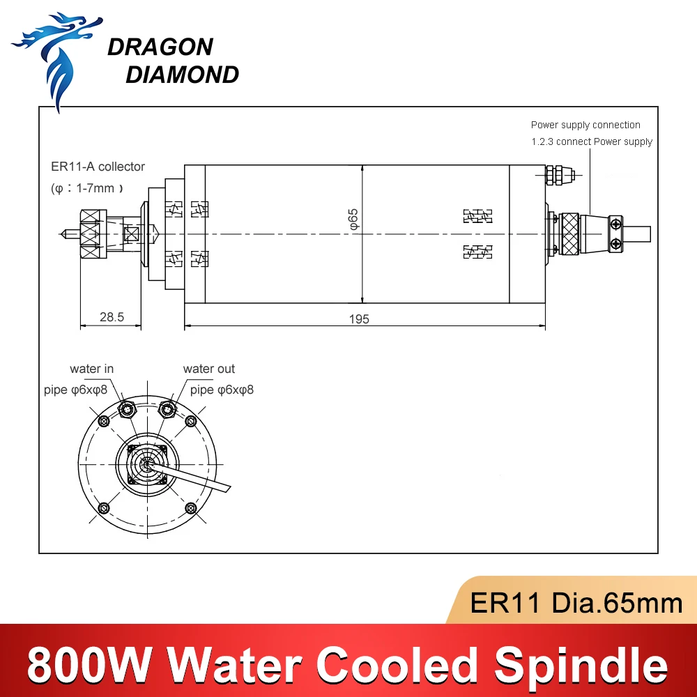 800W Water Cooled Spindle Motor ER11 Diameter 65*195mm 2/4 Bearings 220V For CNC Engraving Machine