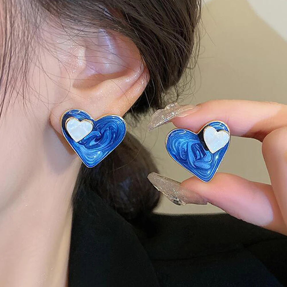 

Big Small Overlap Heart Stud Earrings for Women Girls Cute Jewelry Trendy White Blue Enamel Oil Geometry Peach Love Earrings