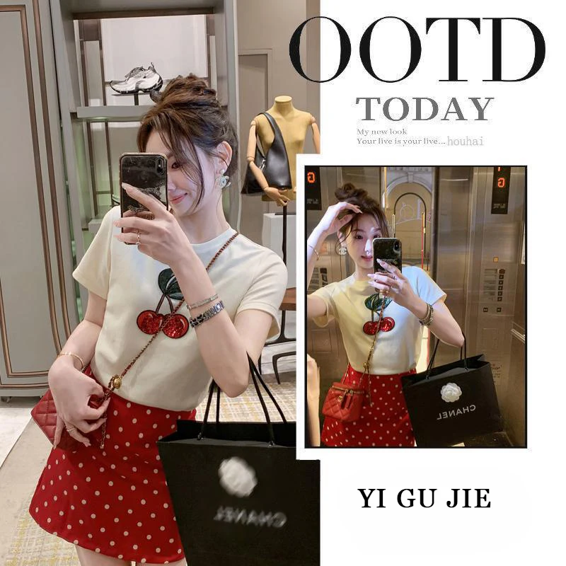 

Летняя женская круглая футболка Ne Faion и юбка в горошек, комплект из двух предметов Ele для похудения, новинка 2025 г.