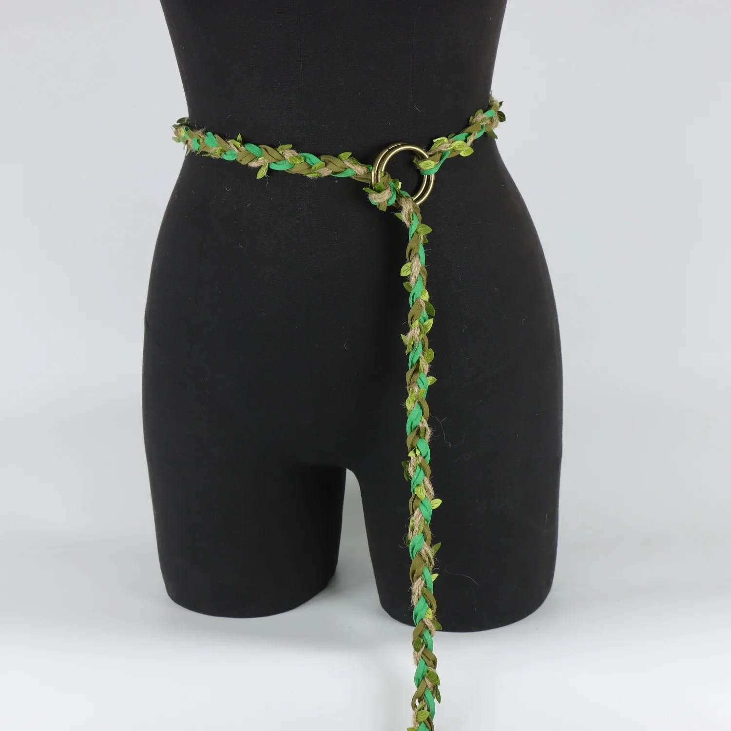 Medieval forest elf vine woven belt, decorated with green leaves, vintage metal double ring long tassel waistband