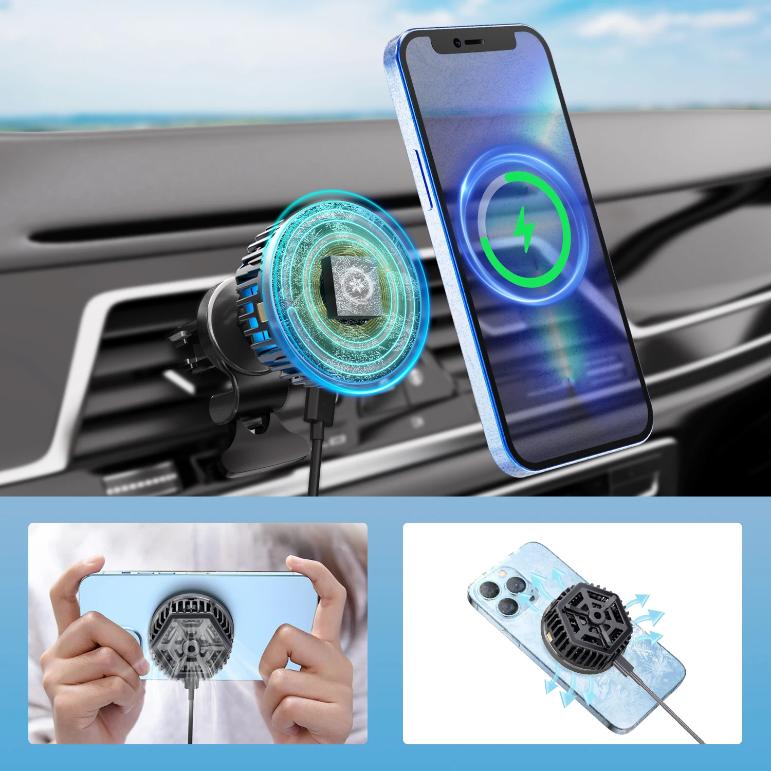 Multifunction 2 in 1 Built in Ice Cooling Sensor Smart 15W Magnetic Wireless Car Charger Mount  for iphone 14/13  Car Air Vent