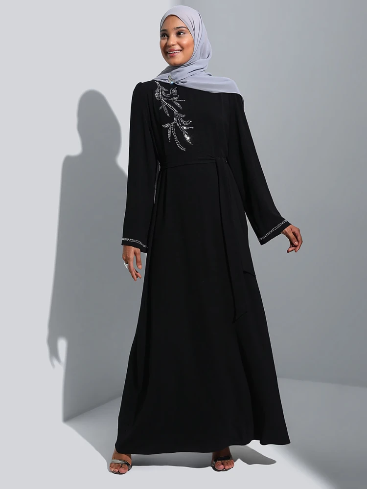 

Eid Muslim Dress for Women Abaya Diamond Lace-up Black Vestidos Largo Dubai Morocco Party Dresses Ramadan Arab Long Robe 2024