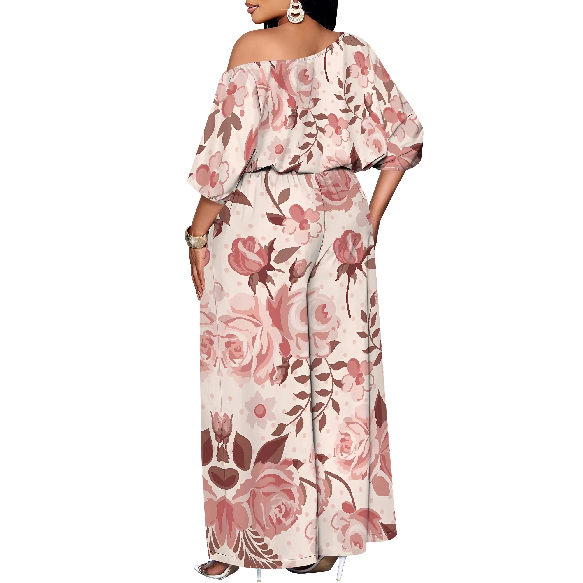 Nupusa Rose Print Two - Piece Set for Women Standard Size Summer Casual Off - Shoulder Half Sleeve Wide Leg Set