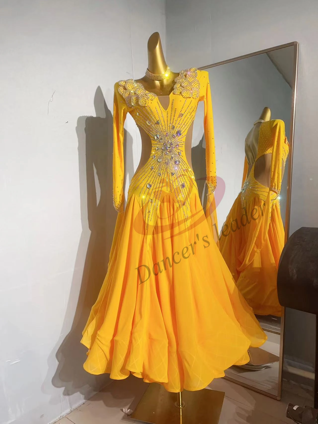 Ballroom dress high-end customized yellow large hem with diamond cha cha tango waltz adult stage professional clothing