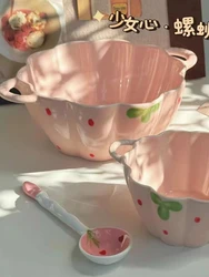 Double ear soup strawberry pink series large capacity household large soup bowl dormitory instant noodle bowl spoon
