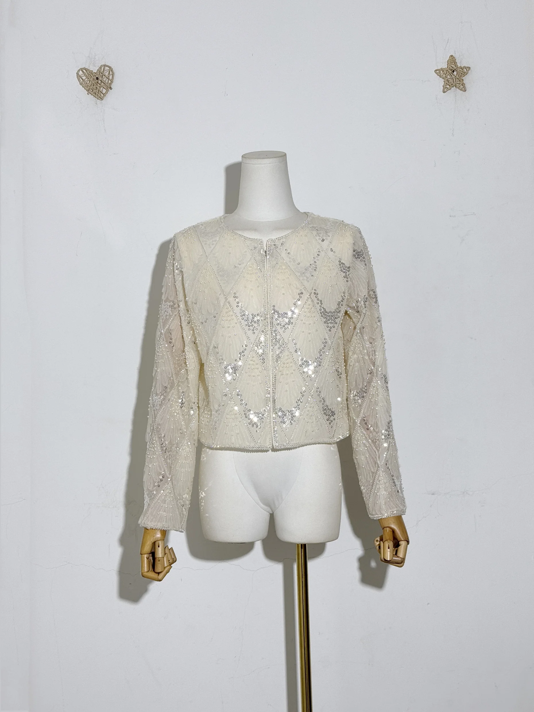 새로운 무거운 자수 유럽 및 미국 패션 여성 스팽글 진주 페르시 오-넥 긴 소매 메쉬 카디건 블라우스 탑 코트 자켓