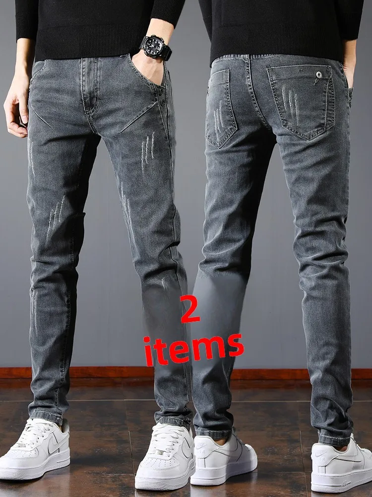 

Slim Fit Spring Autumn Men's Jeans Casual Cotton Polyester Blend Elastic Waist Water Washed Hole Punch Pure Color Jeans