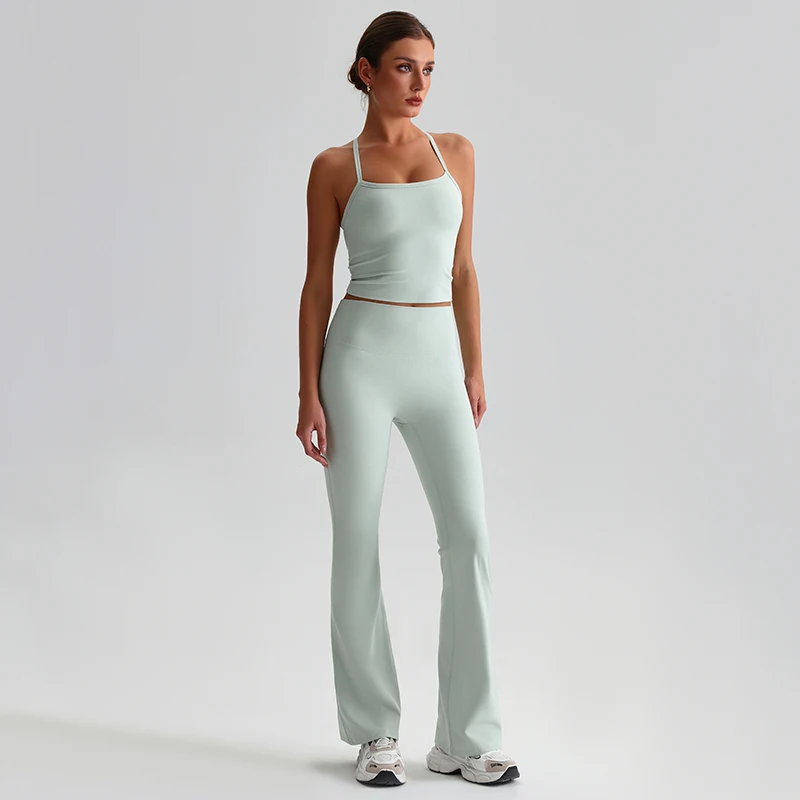 Women Flared Leggings Tank Top 2 Piece Gym Suit Fitness Yoga Set High Stretch Nylon Running Sportswear Quick-dry Workout Clothes image 5