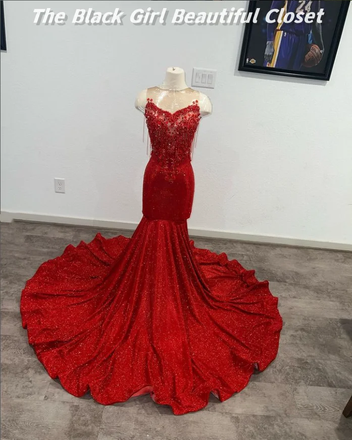 High Luxury Red Prom Dresses New Sparkling Diamond Beaded Tassel Decoration Formal Gowns Black Girls Elegant Style Party Dresses