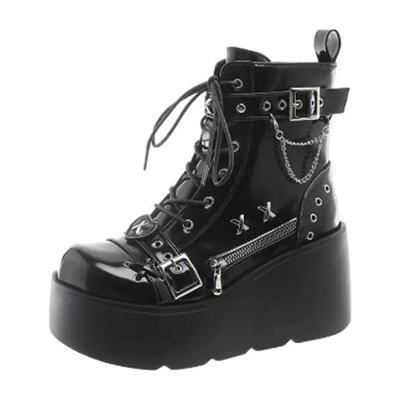 Women Platform Gothic Ankle Combat Boots Rivet Chain Wedges Punk Cosplay Zip Booties Autumn Winter Designers Motorcycle Shoes