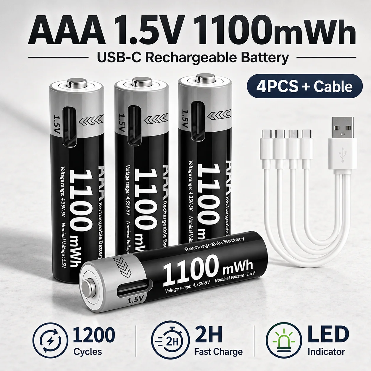 

1100mWh 1.5V AAA Rechargeable Lithium Cell USB-C Fast Charge Kit for Daily Electronic Toys Flashlights