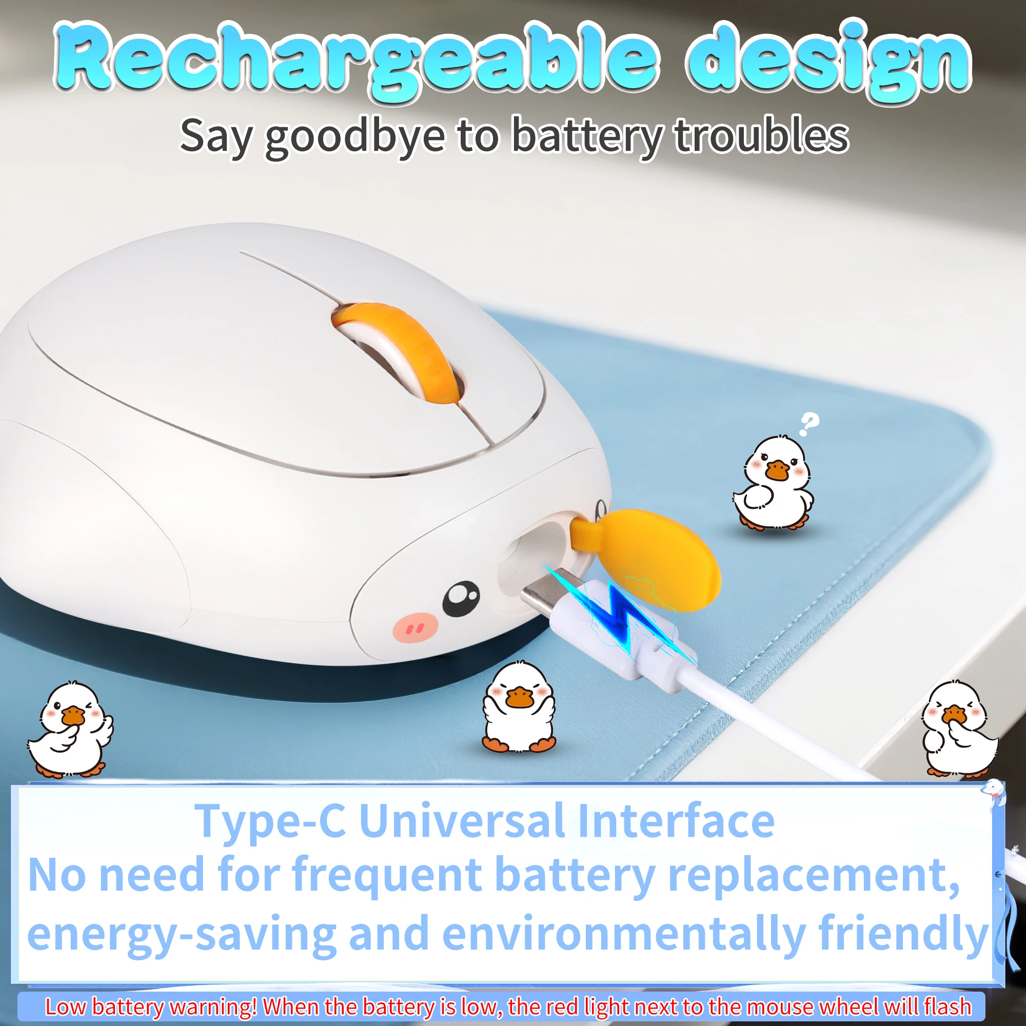 Mouse Nirkabel Isi Ulang Bebek Putih Lucu 2.4G + Bluetooth Konektivitas Mode Ganda Ergonomi Bisu Mouse Komputer untuk Laptop PC
