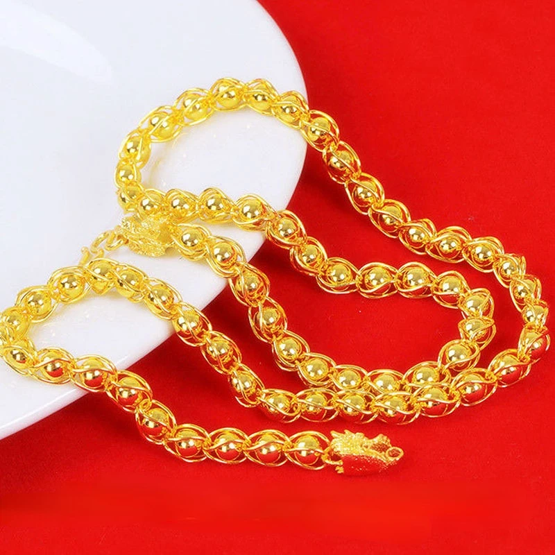 

24K Yellow Gold Plated Necklace Domineering Gold Bead Dragon Head Necklaces Chain for Men Anniversary Wedding Jewelry Gifts