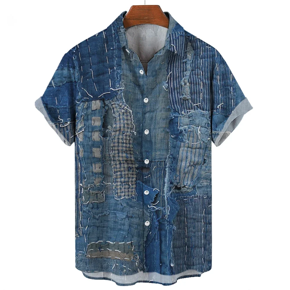 Men's Summer New Style Shirts Women's Fashion Make Old Patchwork Print Design Short Sleeve Loose  Button-Down Shirt Tops