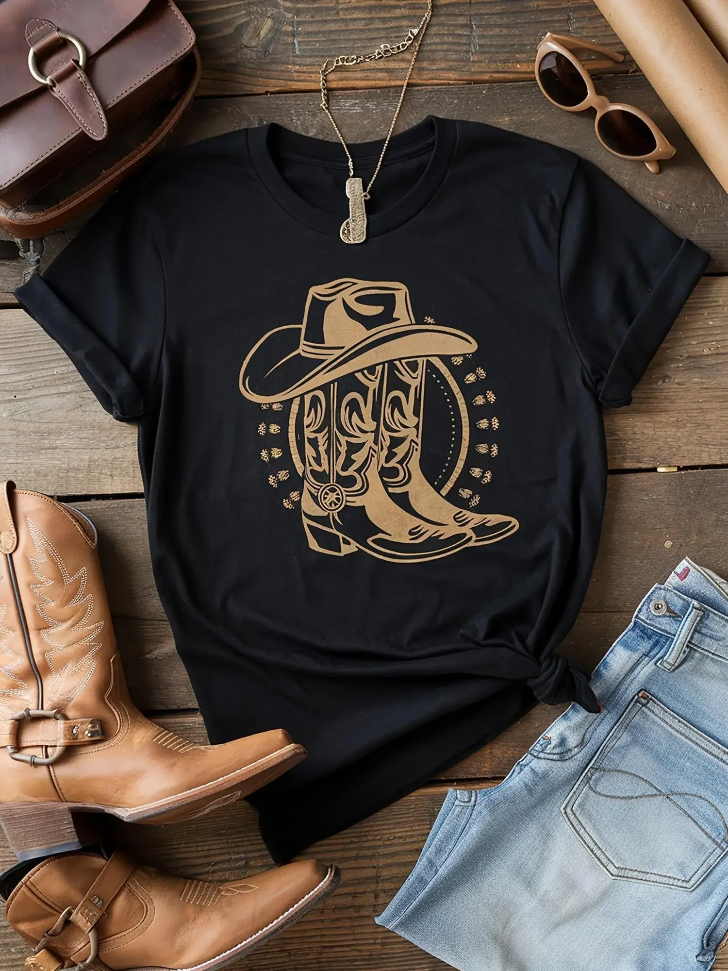 

Women'S Casual Black Washed T-Shirt with Western Cowboy Boot & Hat Print Perfect for Spring/Summer Western T Shirts