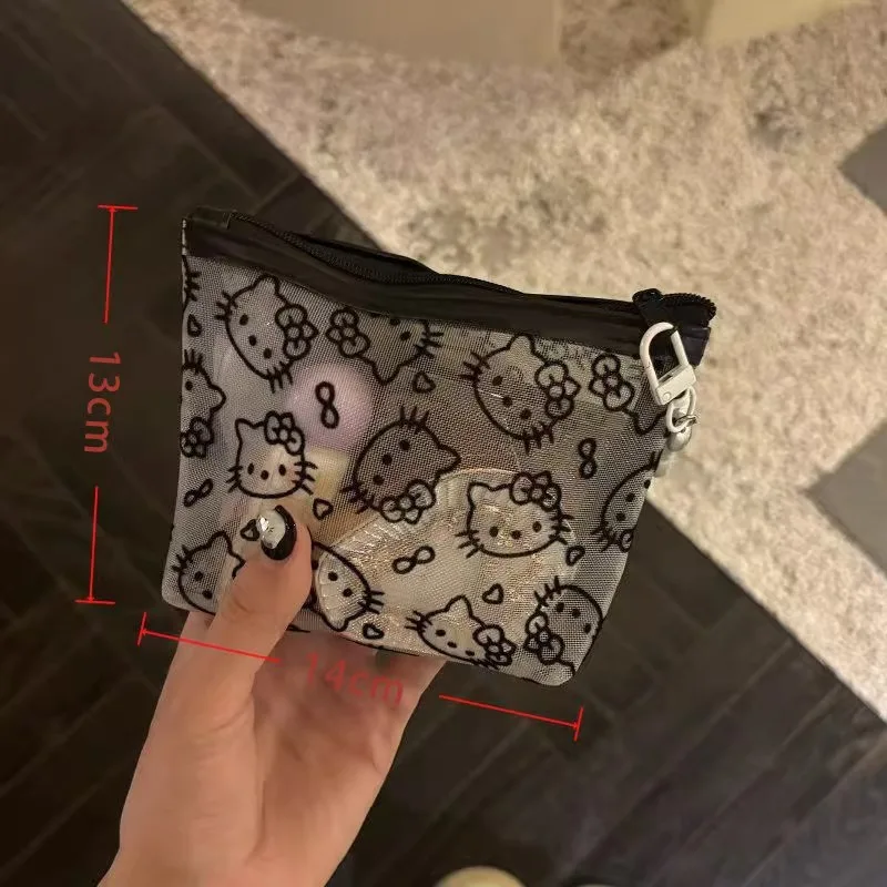 Hello Kitty Mesh Makeup Bag Cute Cartoon Zipper Cosmetic Pouch Portable Travel Small Storage Bag Girls Stationery Organizer Gift
