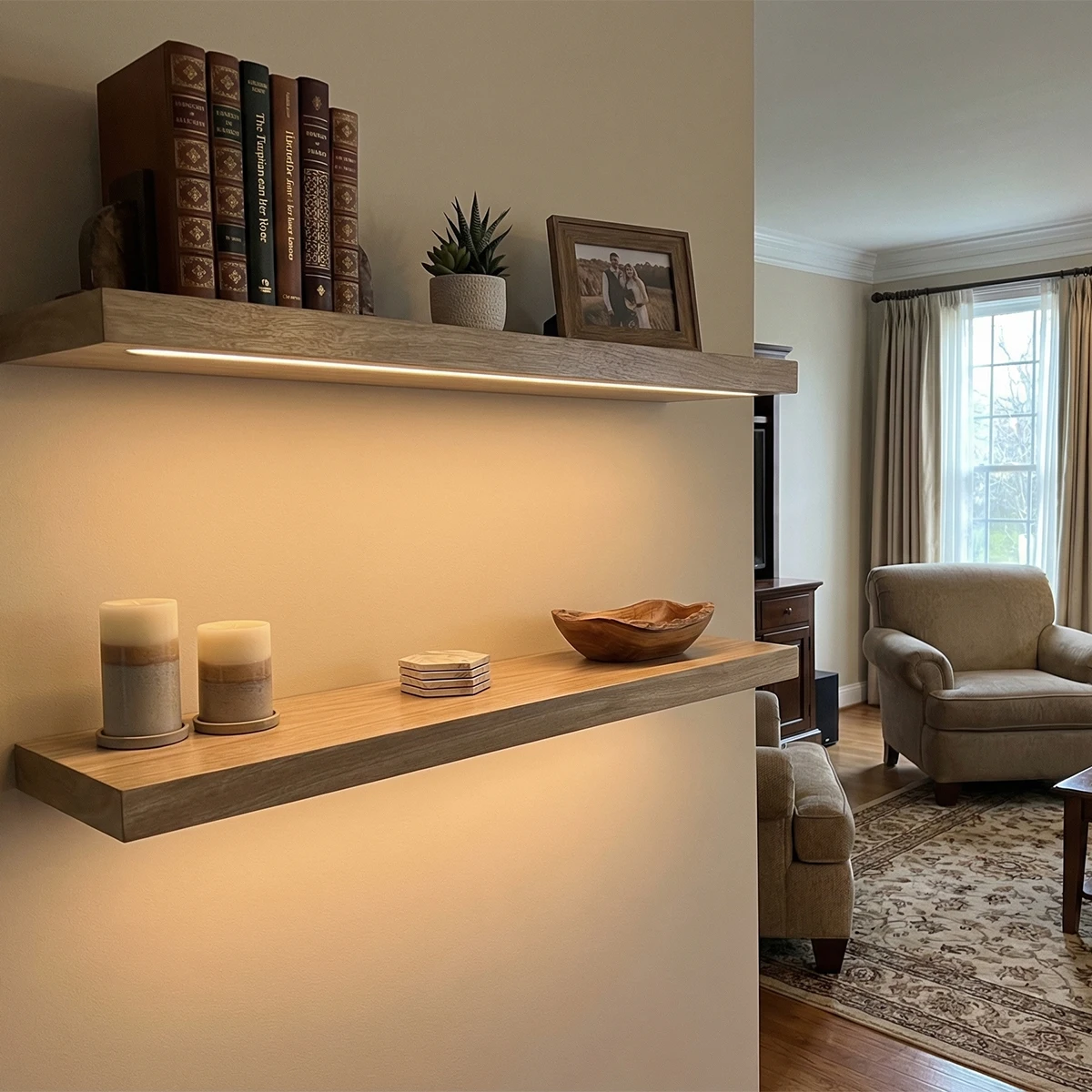 Custom floating wooden shelves with angular storage racks and kitchen furniture
