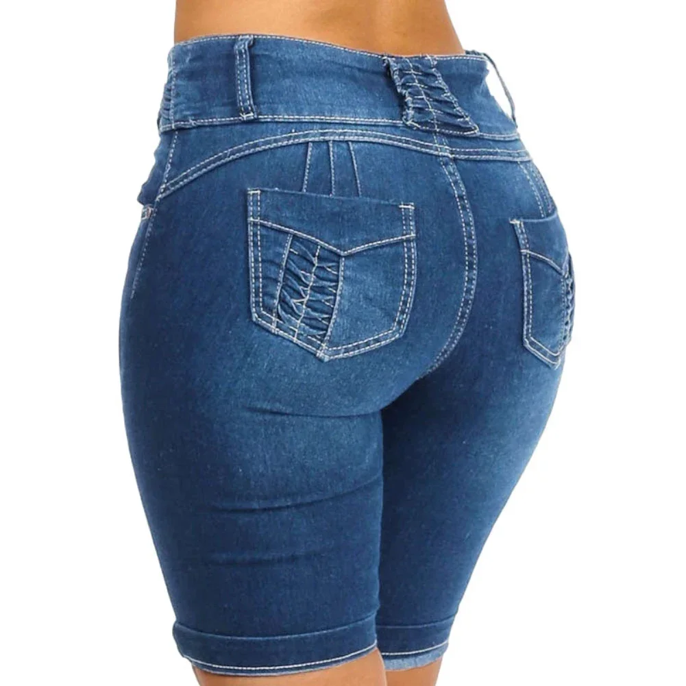New Sexy Women Skinny Denim Shorts High Waist Stretch Bodycon Jeans Slim Button Shorts Ladies Knee Length Stretch Short Jeans