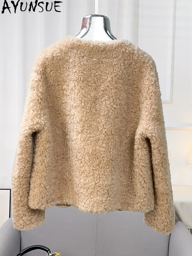 AYUNUSE 2025 가을 겨울 100% 천연 양모 여성 자켓 v 넥 우아한 모피 자켓 여성 의류 고품질 Abrigo Mujer