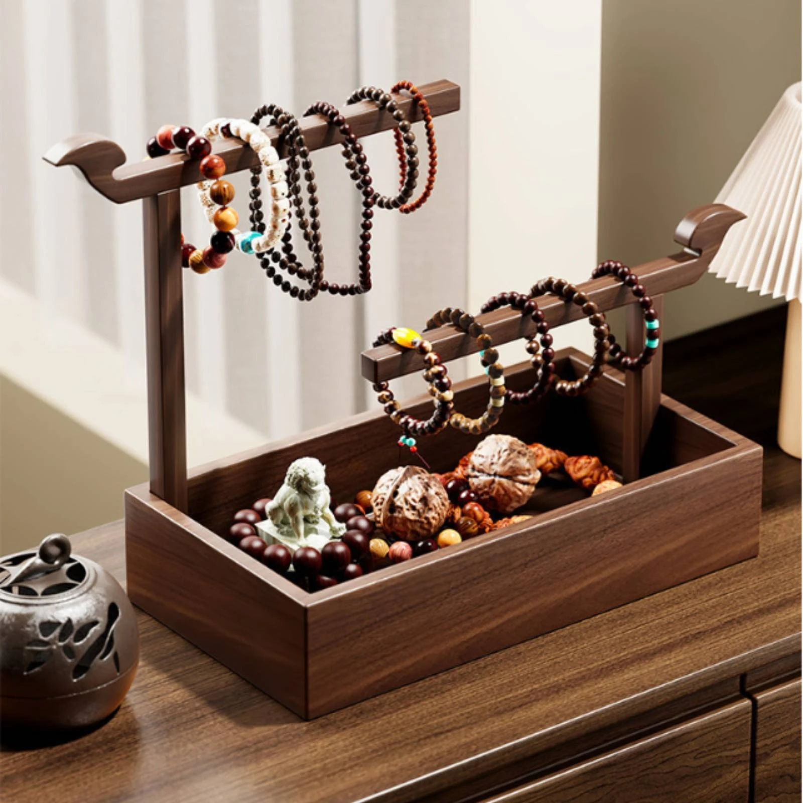 

Tabletop Jewelry Rack Solid Wood Bead Organizer Jewelry Display Stand Bird-Shaped Finials Necklace Organizer Horizontal Rods